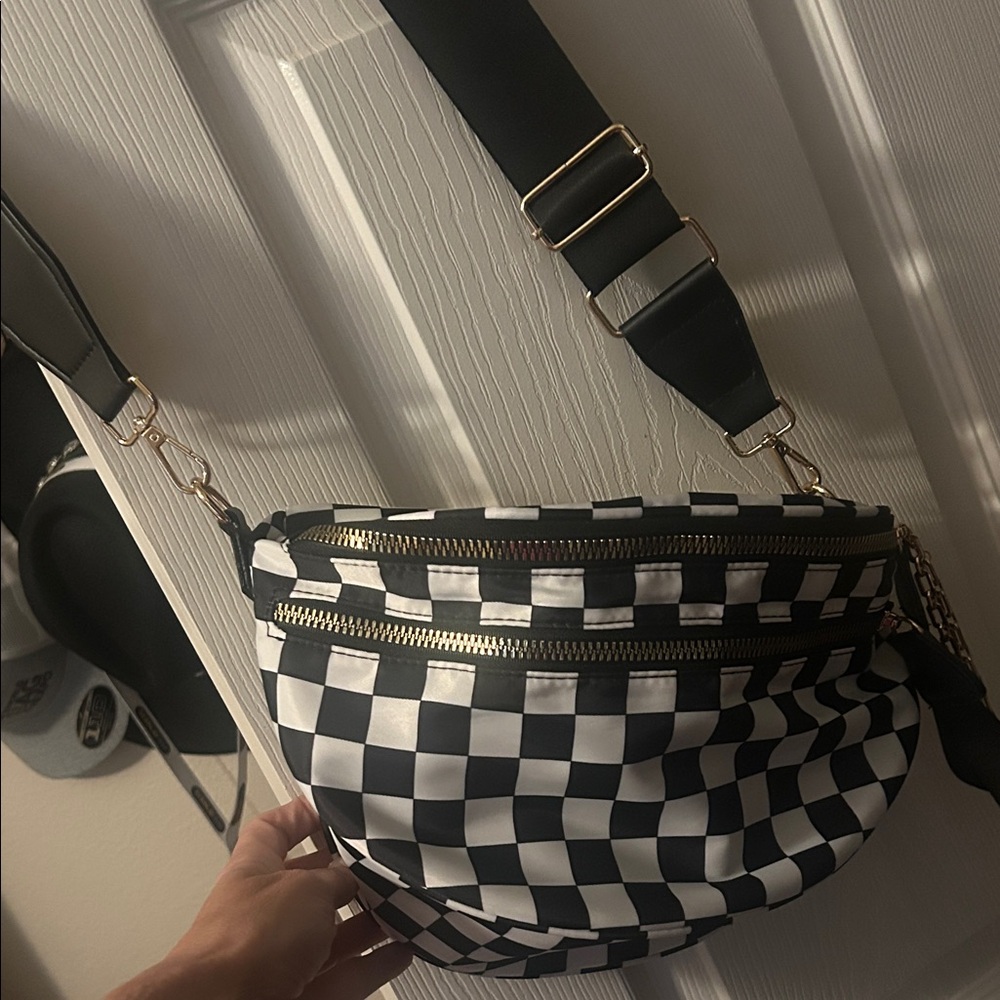 Black & White Checkered Crossbody Bag with Gold Hardware